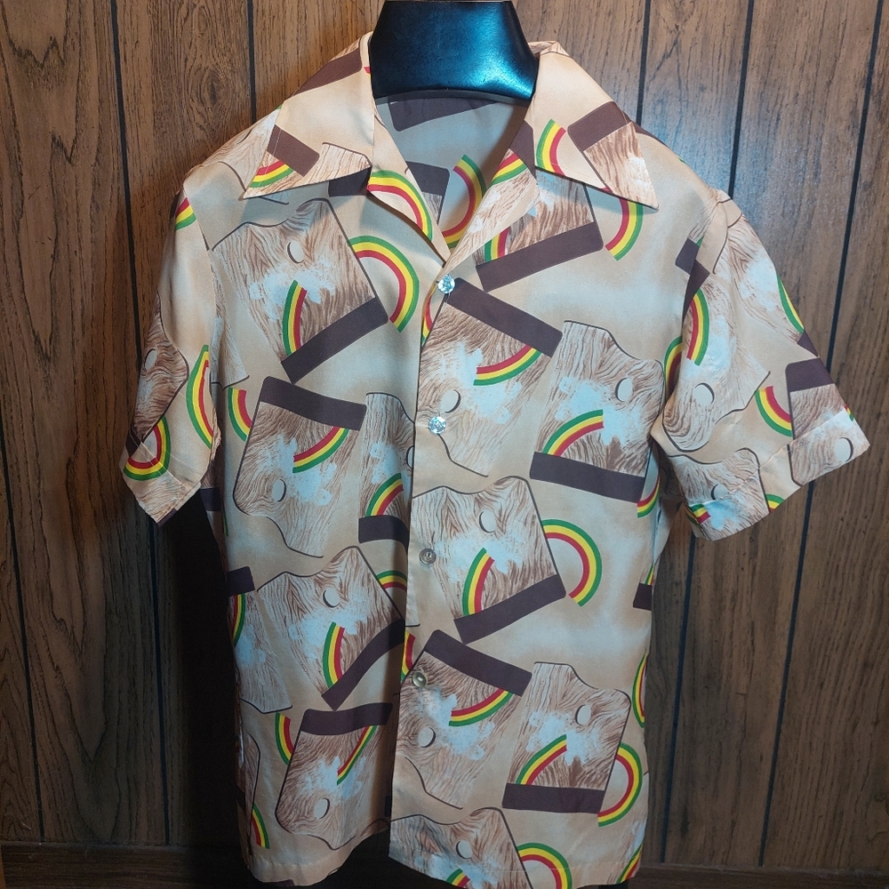 Vintage 70s Hawaiian Shirt By Landmark Wood & Rainbows Nylon Large